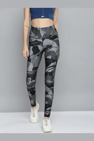 Reebok Women Black & Grey Workout Ready Printed Speedwick Training High-Rise Tights
