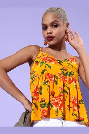 Berrylush Yellow Floral Crepe Peplum Crop Top