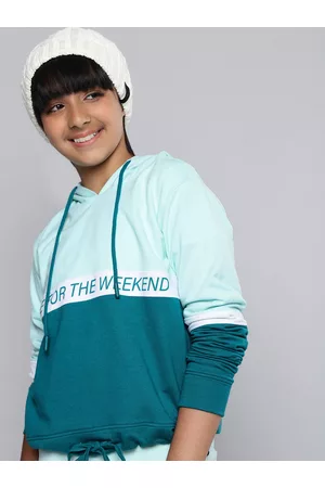 HERE&NOW Girls Sea Green Colourblocked Hooded Sweatshirt