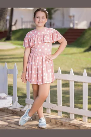 Crimsoune Club Girls Peach-Coloured & White Polka Dots Printed Fit and Flare Dress