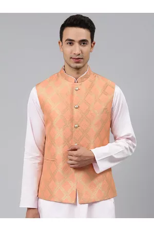 MANQ Men Peach Woven Jaquard Silk Nehru Jacket
