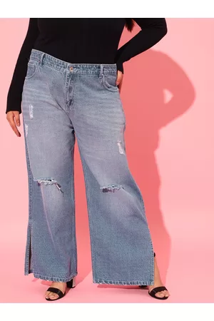 CURVY STREET Women Blue Cotton Flared High-Rise Mildly Distressed Light Fade Jeans
