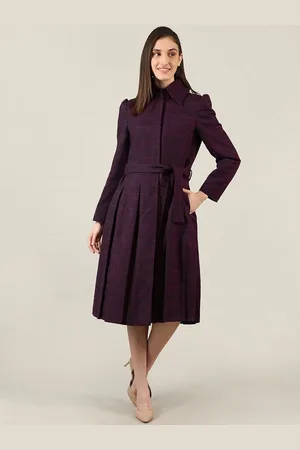 Dlanxa Women Purple Striped Longline Over Coat