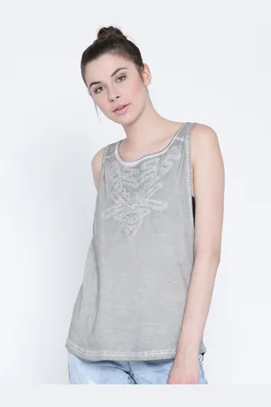 Sera Women Grey Self Design Tank Pure Cotton Top