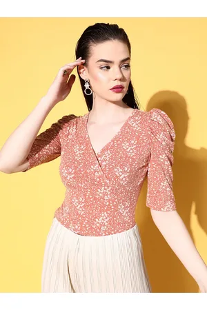 Berrylush Rust Brown & Off White Floral Print Wrap T-shirt