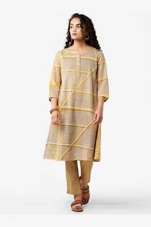 Fabindia Women Grey & Yellow Geometric Printed Kurta