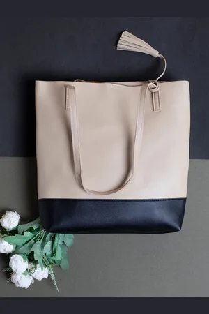 Campus Sutra Beige Colourblocked PU Shopper Tote Bag