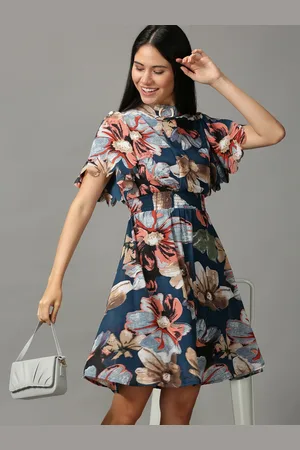 SHOWOFF Teal Floral Chiffon Ethnic A-Line Dress