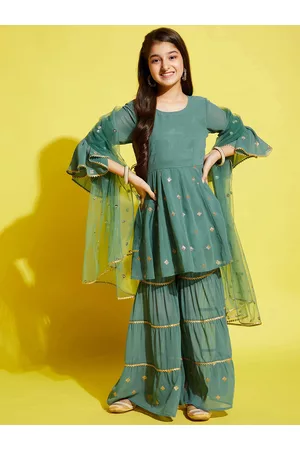 Cherry & Jerry Girls Green Ethnic Motifs Embroidered Empire Kurta with Sharara & Dupatta