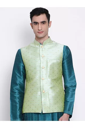 Sanwara Men Green & Gold-Coloured Woven Design Woven Nehru Jacket