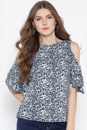 Sera Women White & Blue Cold-Shoulder Printed Pure Cotton Top