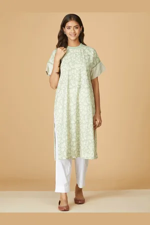 Fabindia Round Neck Floral Printed Extended Sleeves Cotton Kurta