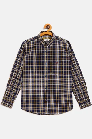 Crimsoune Club Boys Navy Blue & Yellow Slim Fit Checked Casual Shirt