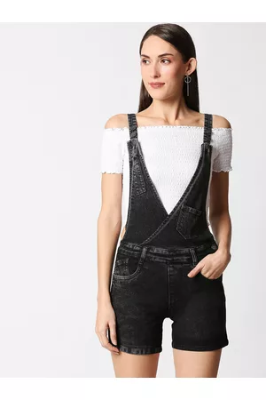 High Star Women Black Washed Slim-Fit Stretchable Denim Dungaree