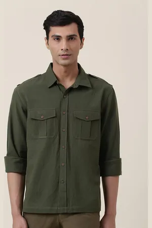 Fabindia Men Olive Green Straight Cotton Casual Shirt