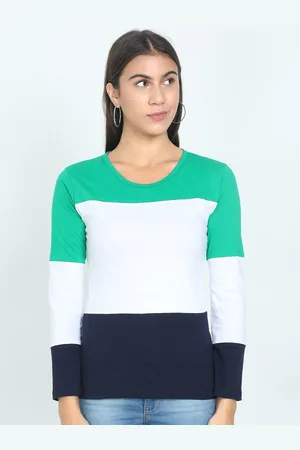 Fleximaa Women Sea Green & White Colourblocked Cotton T-shirt