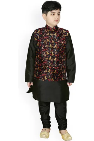 SG Boys Black Ethnic Motifs Raw Silk Kurta with Churidar