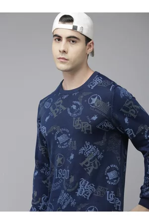 Ralph Lauren U S Polo Assn Denim Co Men Blue Graphic Printed Pure Cotton Pullover Sweater