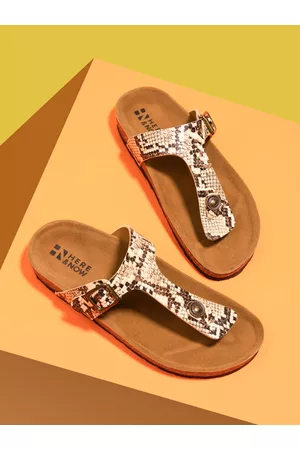HERE&NOW Women Tan Printed T-Strap Flats