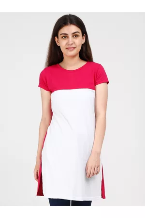 Fleximaa Women Pink & White Colourblocked Pure Cotton Longline Top