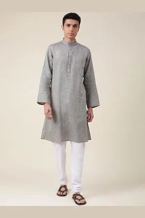 Fabindia Men Grey Mandarin Collar Regular Linen Kurta