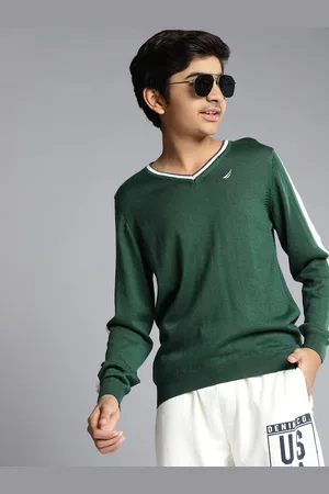 Nautica Boys Green Solid V-Neck Acrylic Pullover
