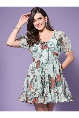 KASSUALLY Women Green Floral Tie-Up Neck Dress