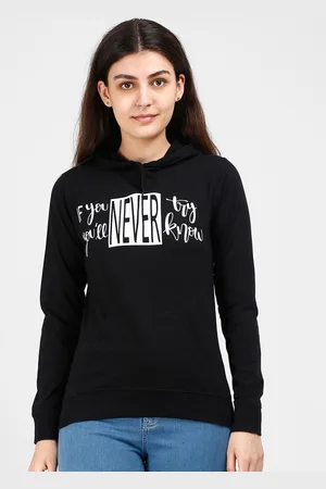 Fleximaa Women Black Printed Hooded Cotton Sweatshirt