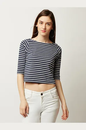 Miss Chase Women Navy Blue Striped Pure Cotton Top
