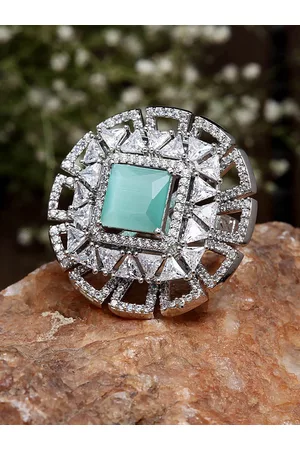 karatcart Women Silver Plated & Light Green American Diamond Floral Shape Finger Ring