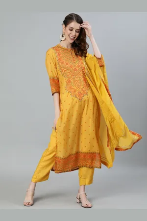Ishin Women Yellow Bandhani Printed Panelled Gotta Patti Pure Silk Kurta with Trousers & With Dupatta