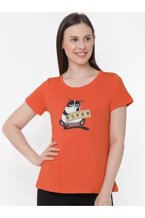 Soie Women Orange & White Printed Lounge T-Shirt