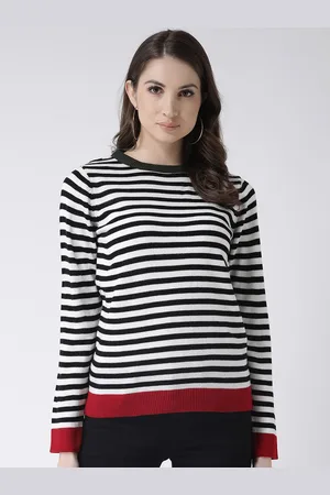 Club York Women White & Black Striped Acrylic Pullover