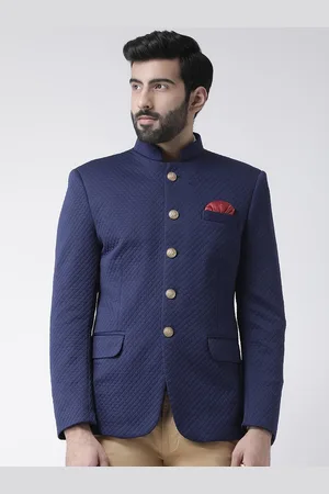 Hangup Men Navy Blue Self-Design Bandhgala Blazer