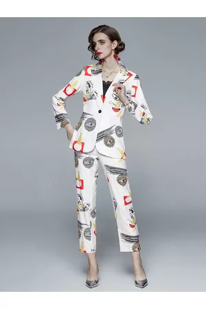 JC Collection Women White & Black Printed Coat with Trousers
