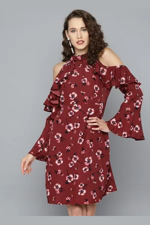 Rare Fashion Women Rust Red & Off-White Floral Print Shift Dress