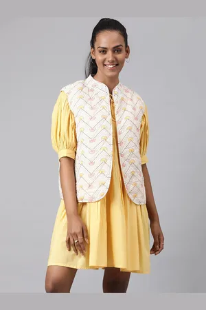 Fabindia Women White Yellow Floral Open Front Jacket