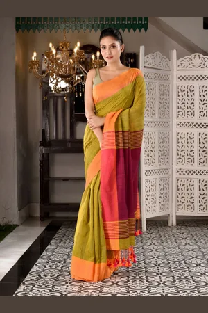 Charukriti Mustard & Orange Colourblocked Striped Pure Cotton Saree
