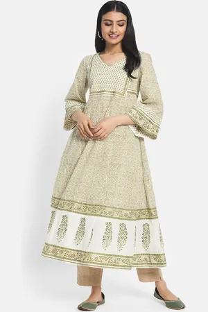 Fabindia Women Beige Floral Printed Cotton Anarkali Kurta