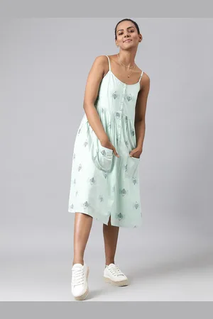 Fabindia Women Sea Green Geometric Print A-Line Midi Dress