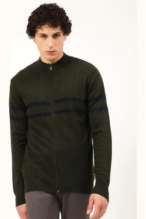 HARSAM Men Geometric Printed Mock Collar Wool Cardigan