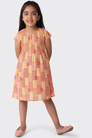 Fabindia Kids girls Cotton Printed Orange Knee Length Dress