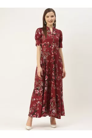Deewa Women Maroon & Olive Green Floral Printed Maxi Dress