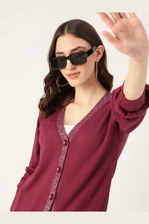 DressBerry Puff Sleeves Solid V-Neck Cardigan