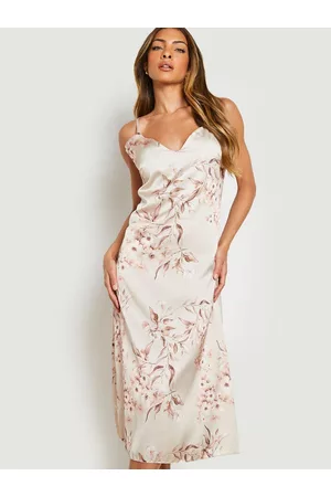 Boohoo Off White & Dusty Pink Floral Satin A-Line Midi Dress