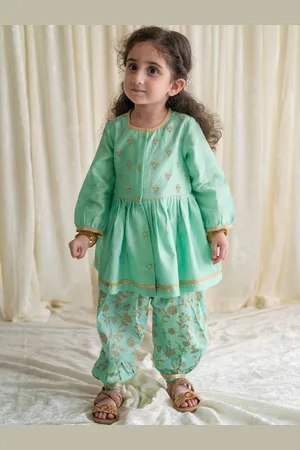 Tiber Taber Girls Floral Embroidered Chanderi Silk Kurta with Salwar & Bow