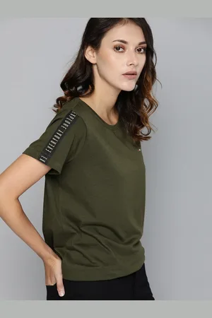 HARVARD Women Olive Green Solid Round Neck T-shirt with Side Taping Sleeve