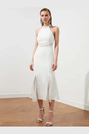 Trendyol Women Off White Halter Neck Lace Inserts A-Line Midi Dress