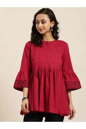 Sangria Women Red Mandarin Collar Bell Sleeves Pure Cotton Top