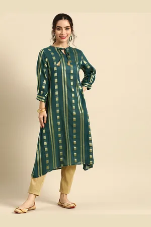 Sangria Women Green Woven Design Puff Sleeves Kurta with Tie-Ups Detail